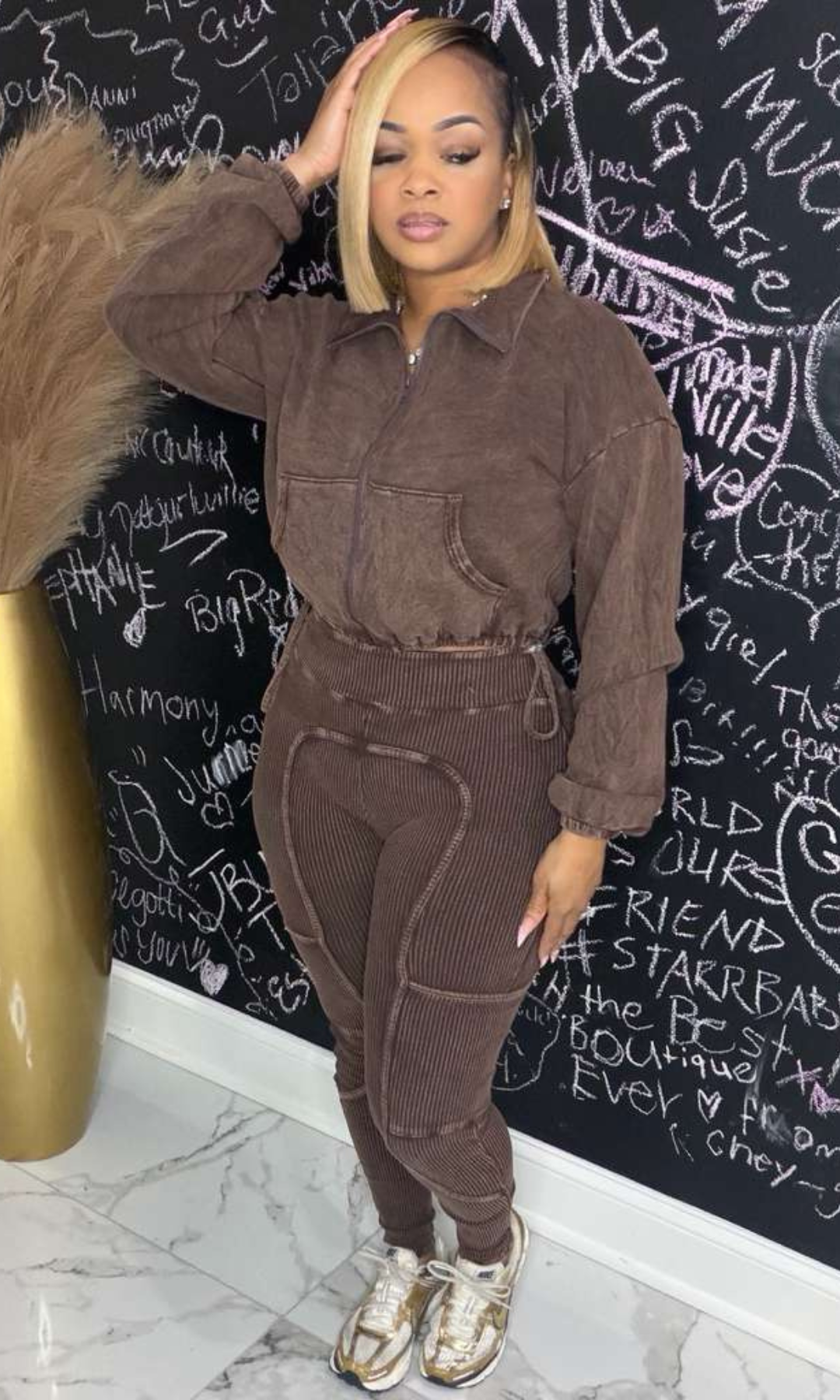 Mocha Muse Set cropped zip jacket and high-waisted leggings front view