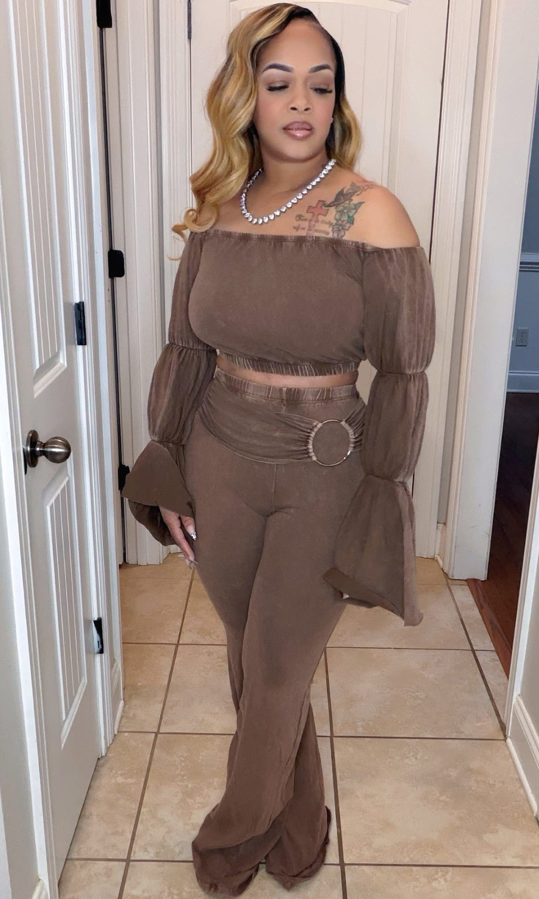 Model wearing Mocha Muse Two-Piece Set in size medium, back view highlighting wide-leg pants.