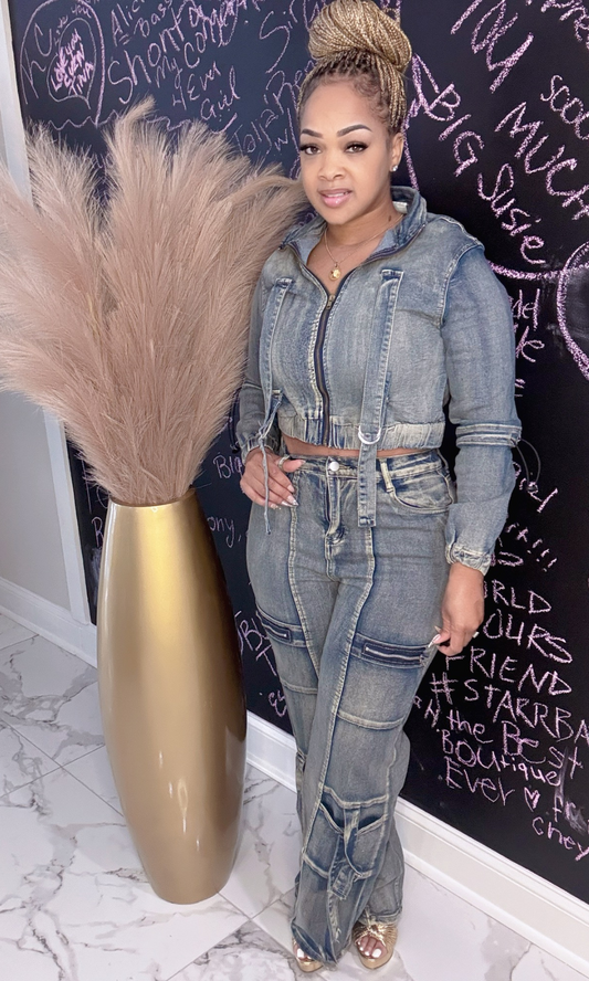 Woman wearing Motor Sport 2-piece jean set front view – cropped denim jacket with cargo pants.