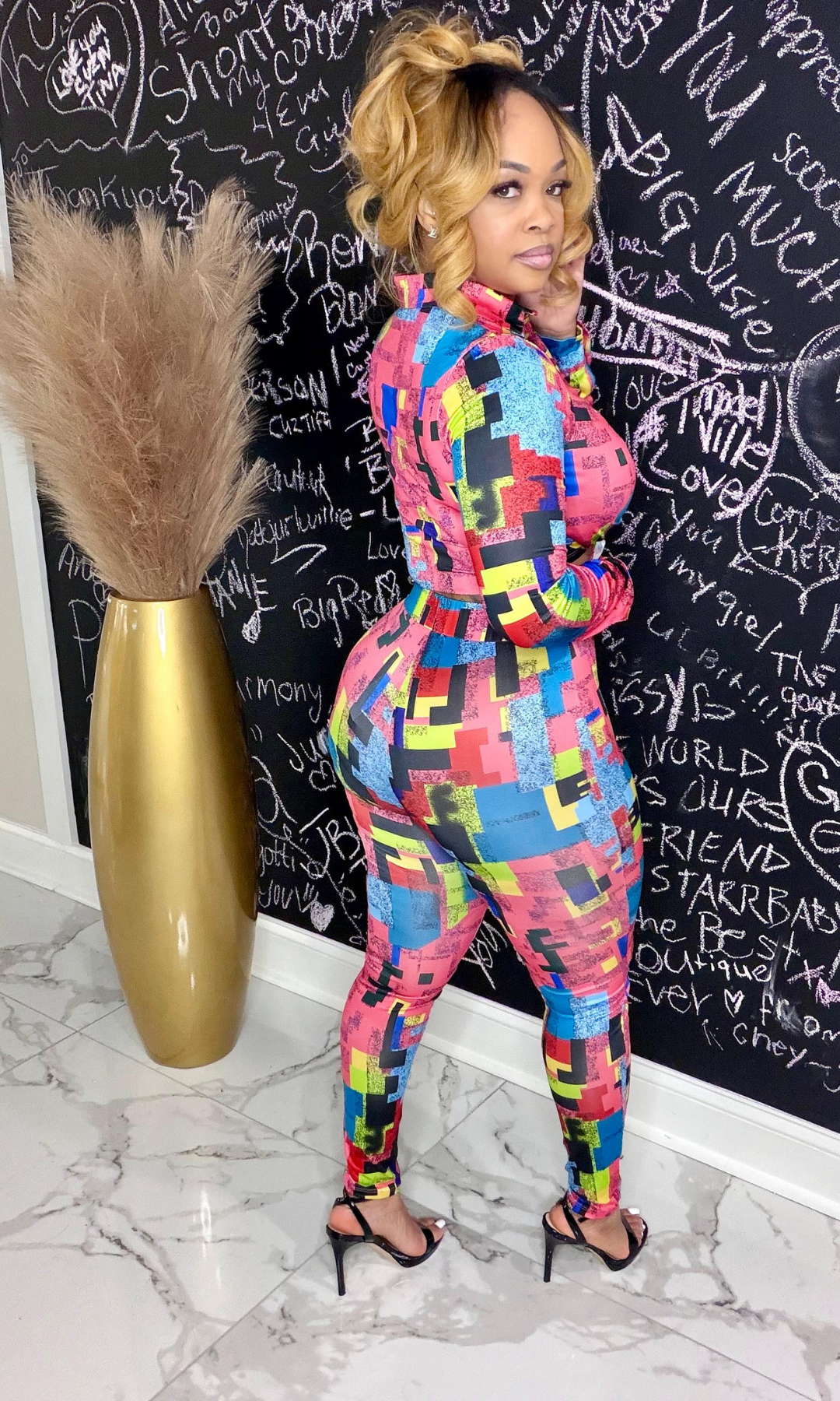 Two-piece Now and Later Set featuring ruched tie-front top and fitted leggings