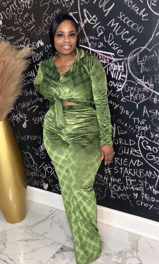 Olive Allure Two-Piece Pant Set front view with tie-front top and wide-leg pants