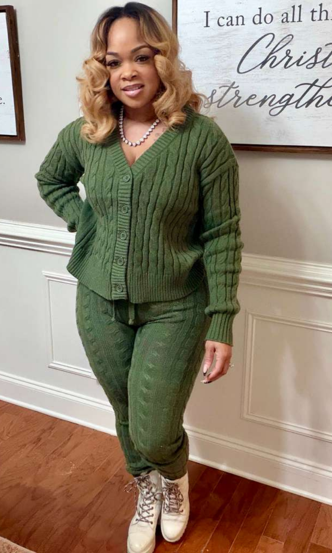 Ollie V-Neck Cardigan Pants Set front view featuring textured knit cardigan and fitted pants