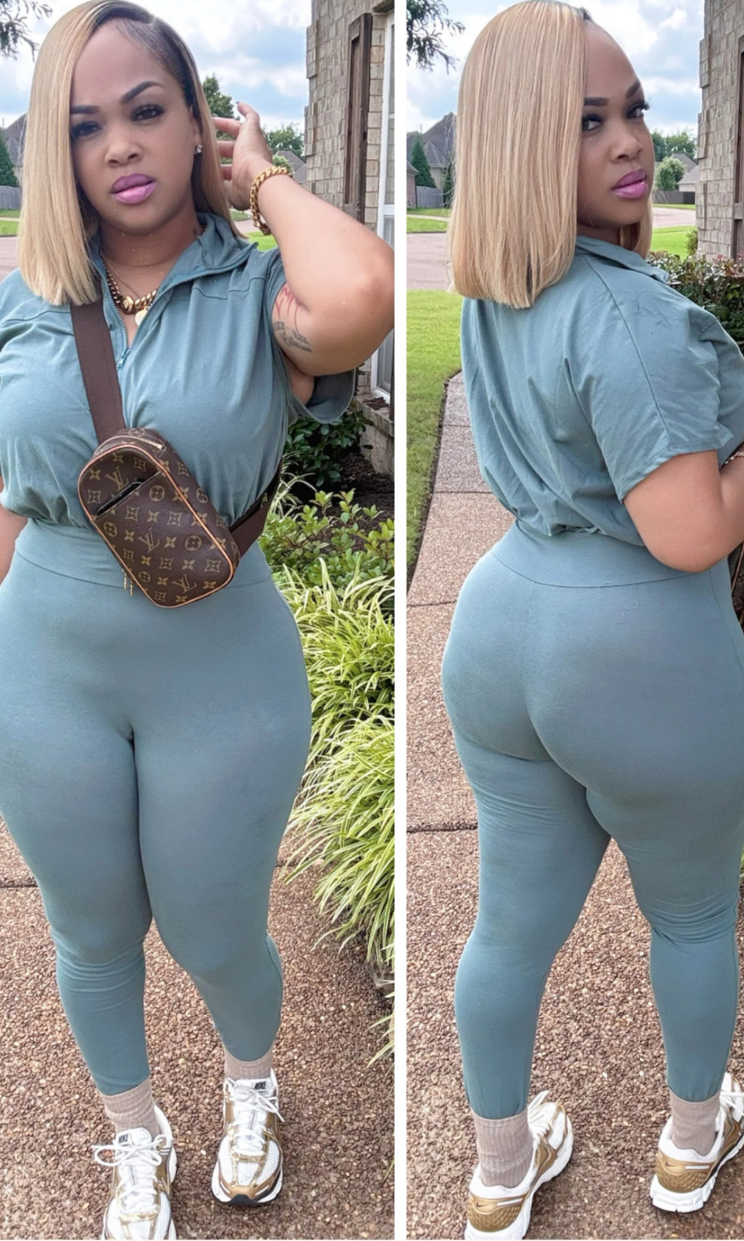 Woman wearing a teal jumpsuit with a brown bag, standing outdoors.