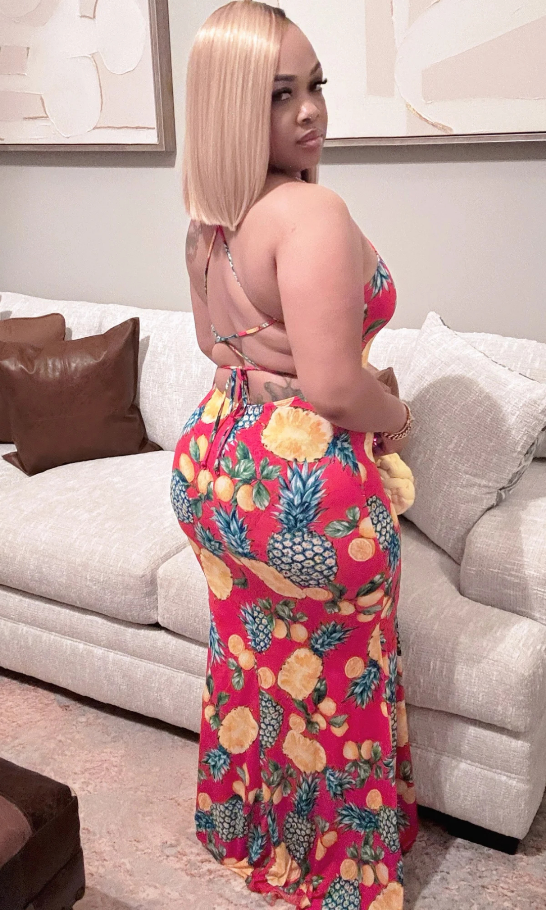 Back view of tropical pineapple print maxi dress with open tie straps
