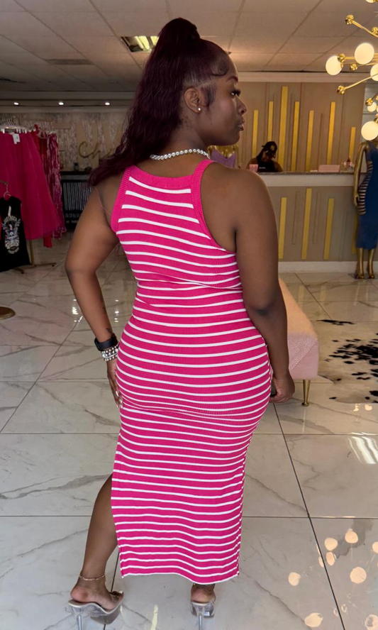 Pink Basic Striped Maxi Dress featuring a flattering bodycon silhouette, ribbed stretch fabric, racerback design, and side slit for effortless everyday elegance.