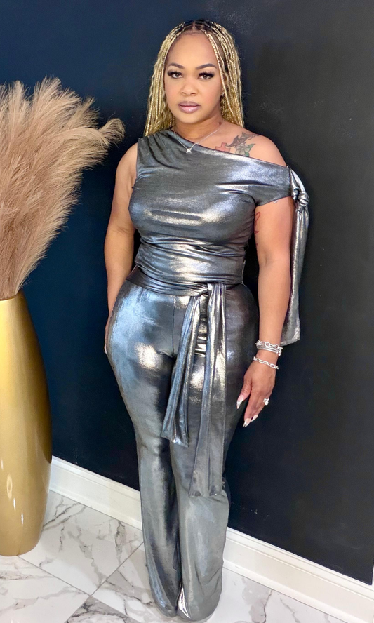 Platinum two piece set angled view highlighting metallic fabric and waist tie detail