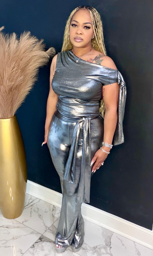 Platinum two piece set front view showing metallic one-shoulder top and high-waisted pants
