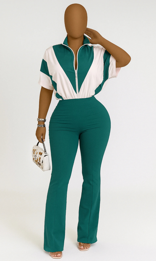Front view of green and white color-block jumpsuit with zip-front and flared pants