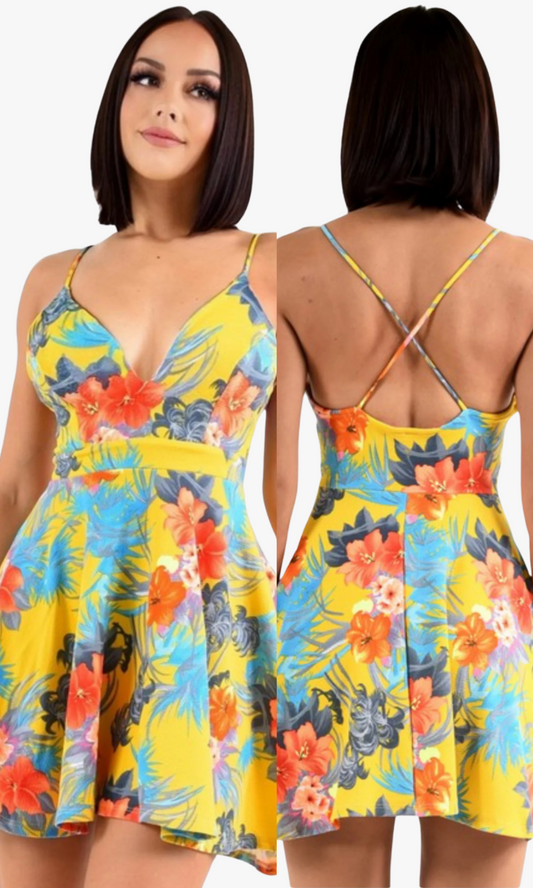 Colorful floral dress shown from front and back on a model.