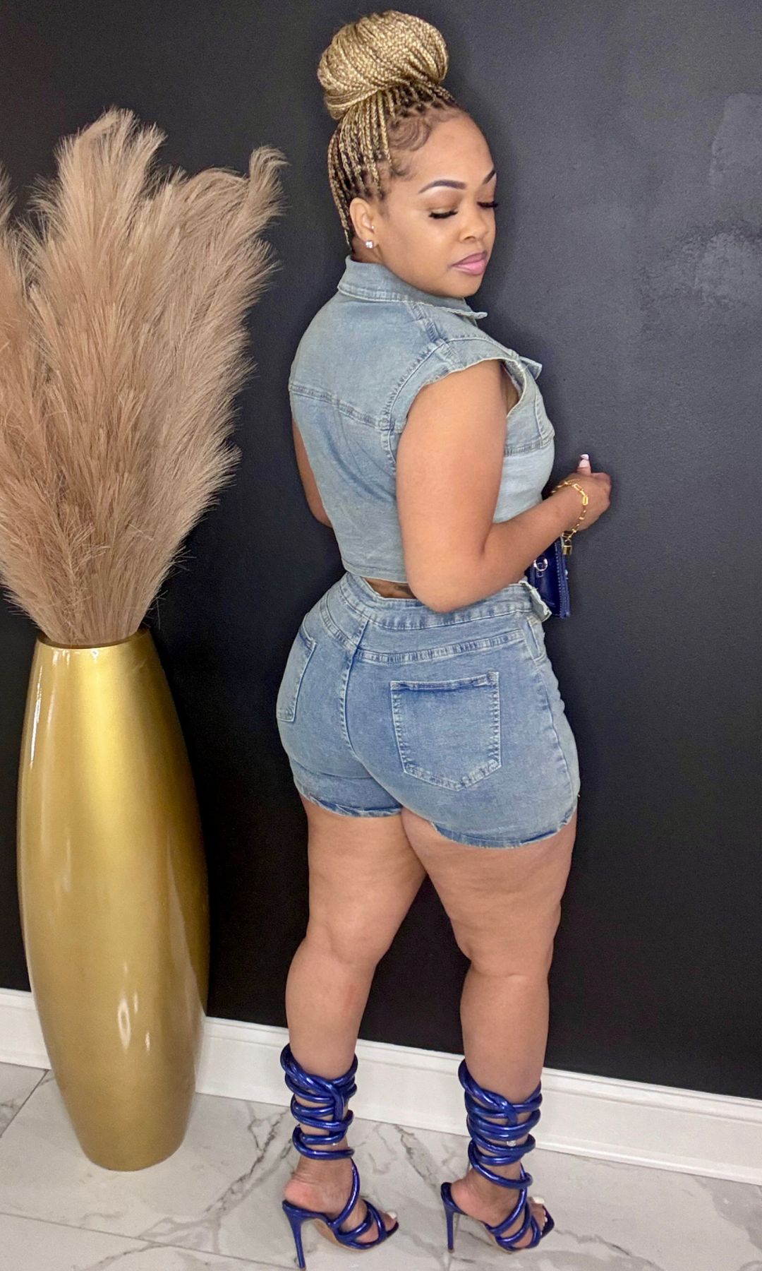 Back view of Pretty Denim 2-piece short set, showing high-waist shorts and cropped vest.