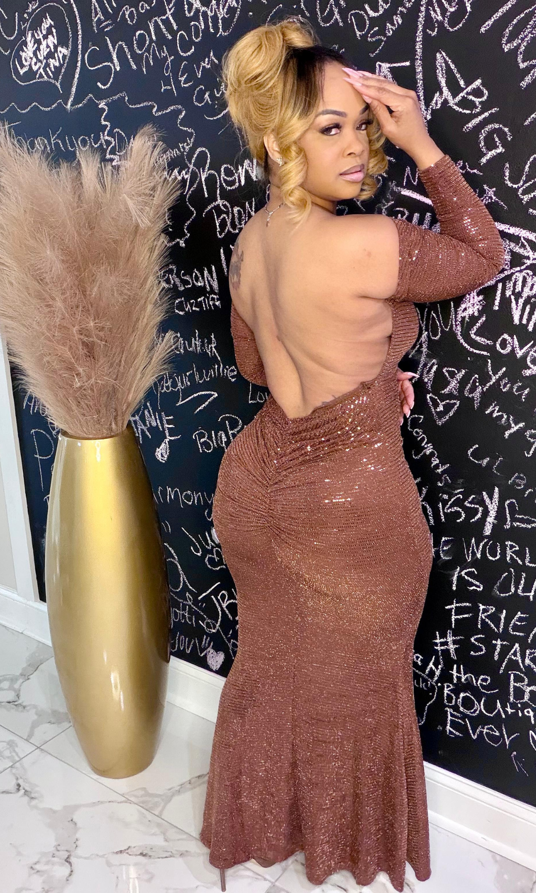 Queen Susie dress showing open back detail and floor-length silhouette