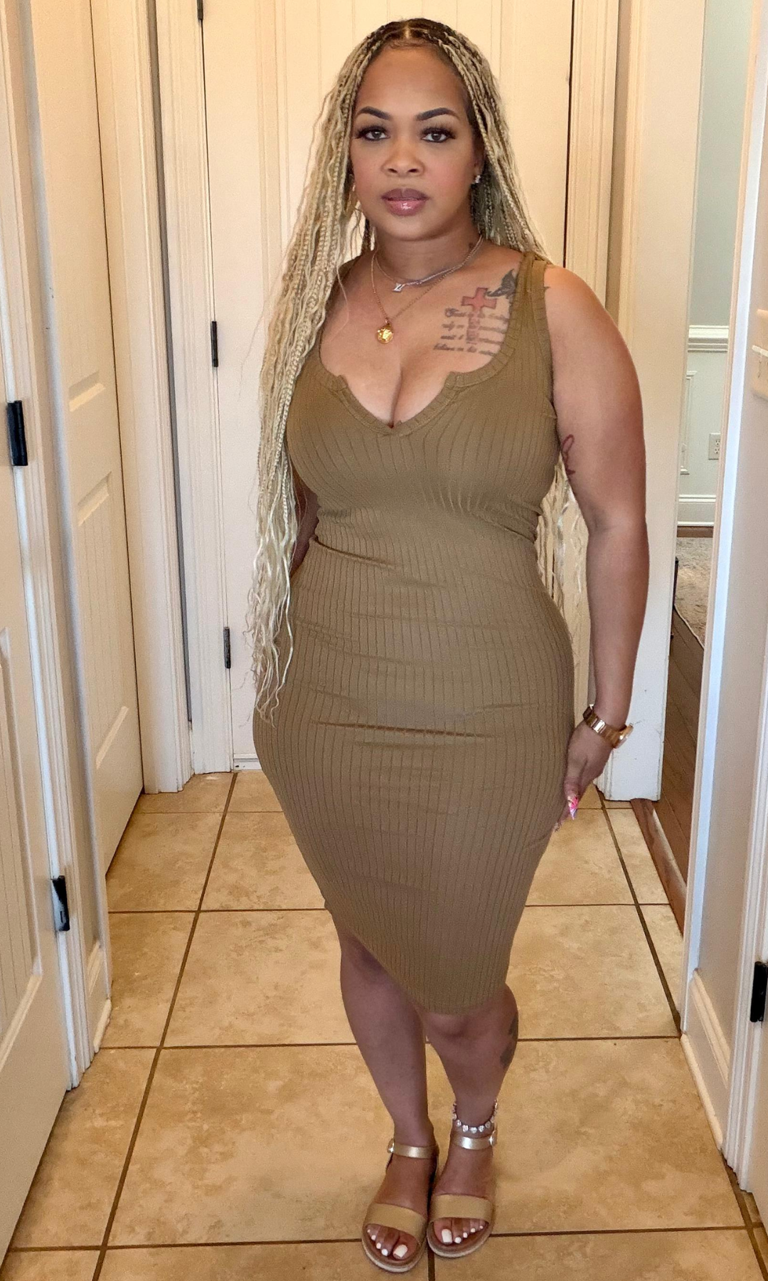 Mocha ribbed bodycon midi dress front view sleeveless fitted style