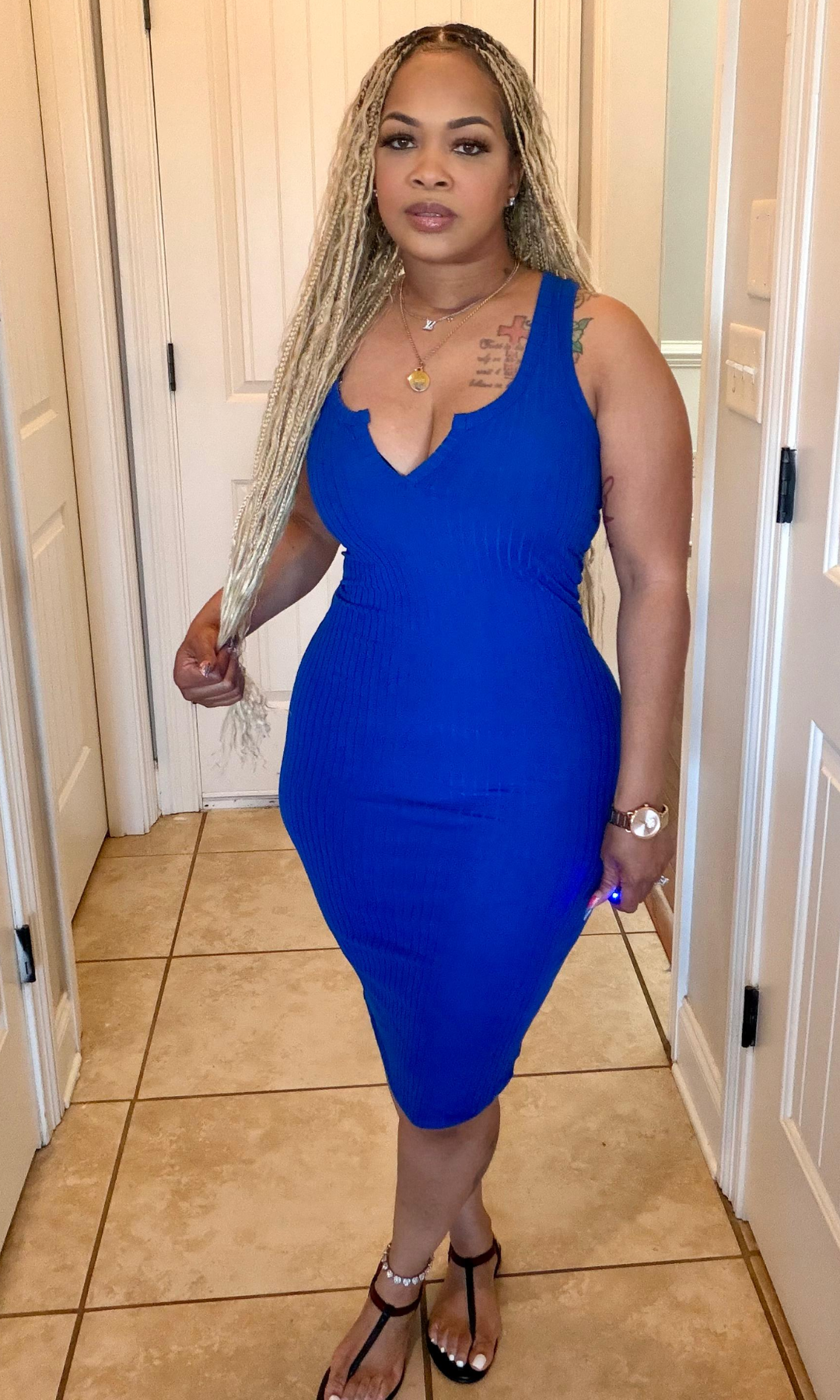 Royal blue ribbed bodycon midi dress front view sleeveless fitted style