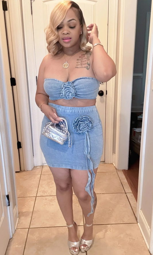 Rose’ Set front view – two-piece denim skirt set with rosette details