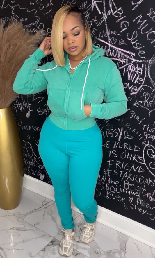 Seamoss Teal two-piece set with zip-up hoodie and leggings, front view