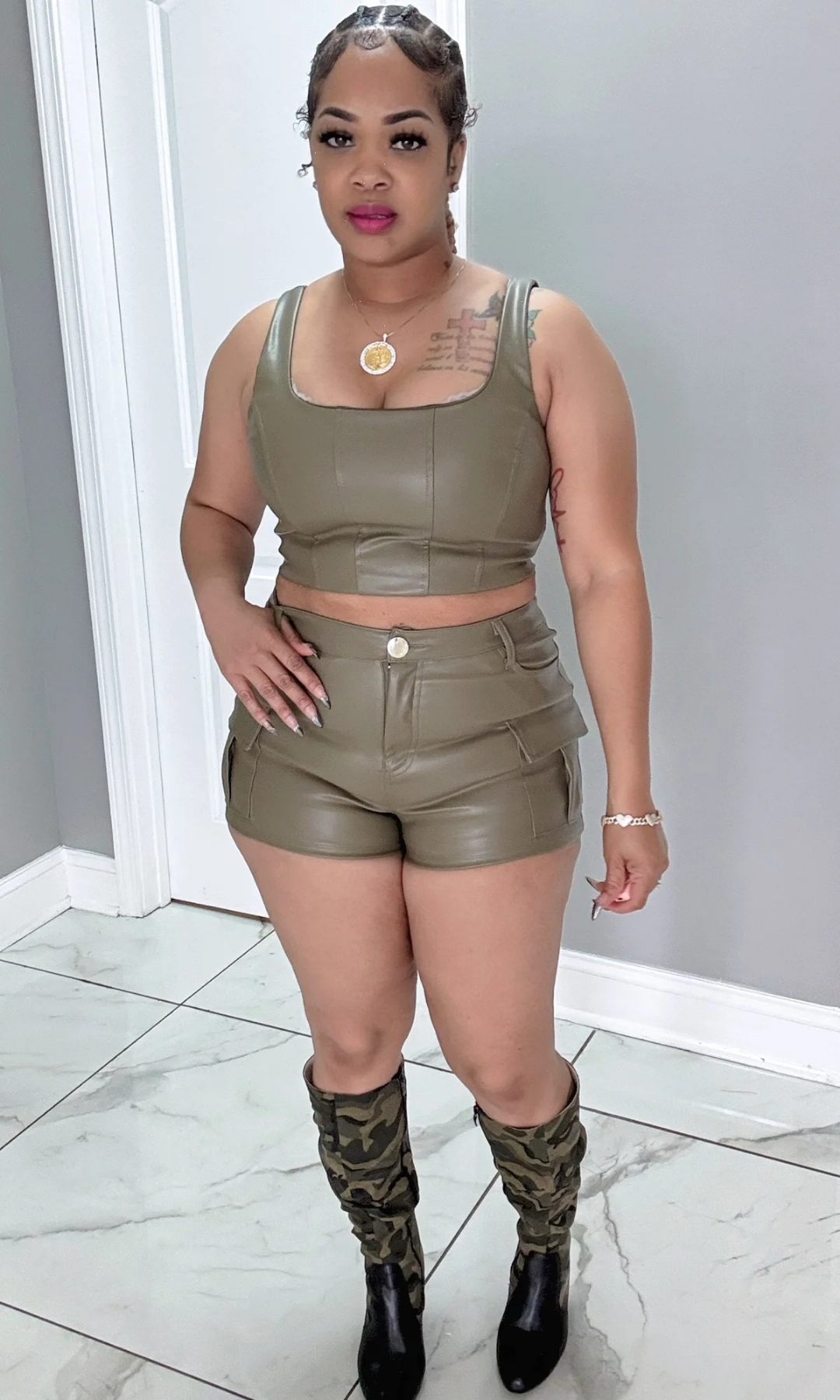 Close-up front view of Set It Off set showing sleek faux leather finish and flattering fit