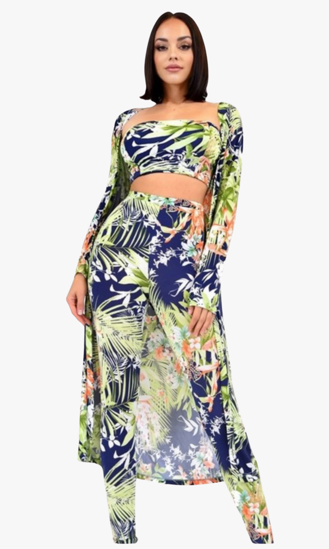 Front view of woman wearing a tropical-print 3-piece set with a strapless crop top, high-waisted leggings, and long cover-up.

