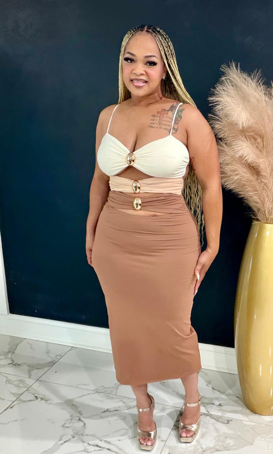 Model wearing the Shades Dress featuring a neutral colorblock design, gold ring accents, and a flattering bodycon midi silhouette.