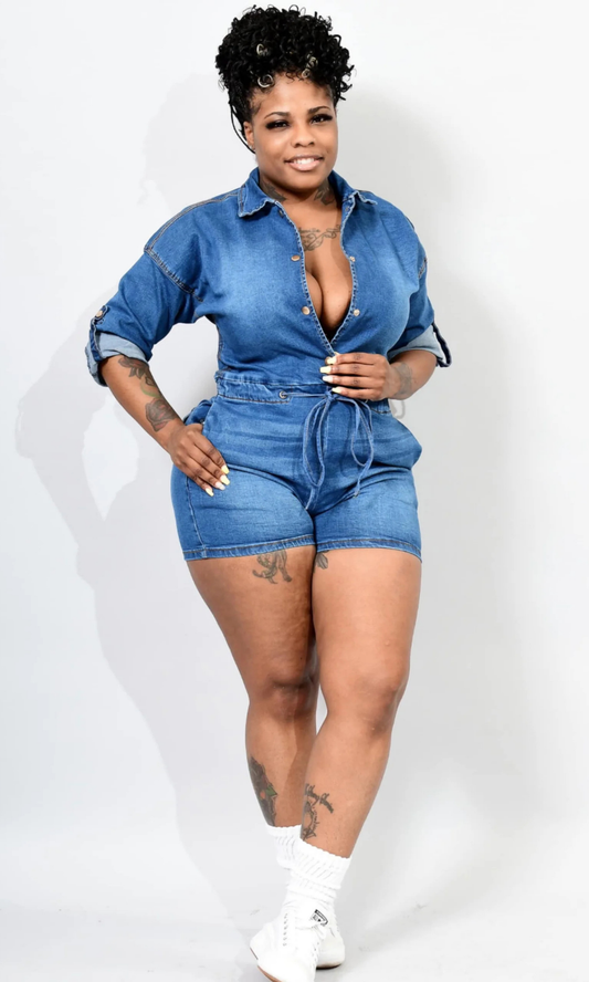 Front view of woman wearing Short Girl Dark Jumpsuite featuring a cropped denim.