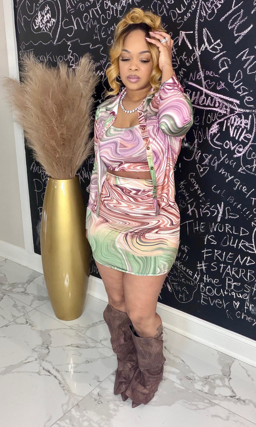 Sliding Thru Skirt set three-piece set front view with crop top and skirt