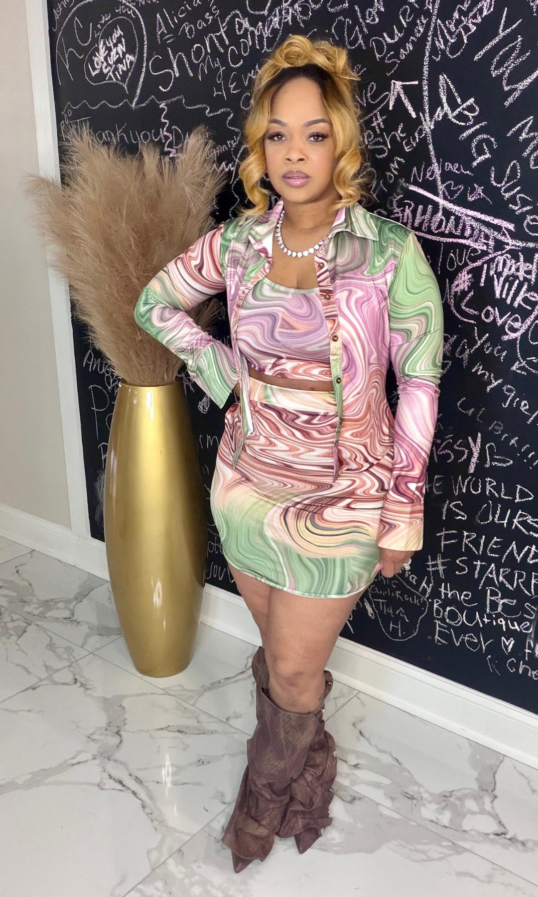 Sliding Thru Skirt set layered look with button-up top and coordinating pieces