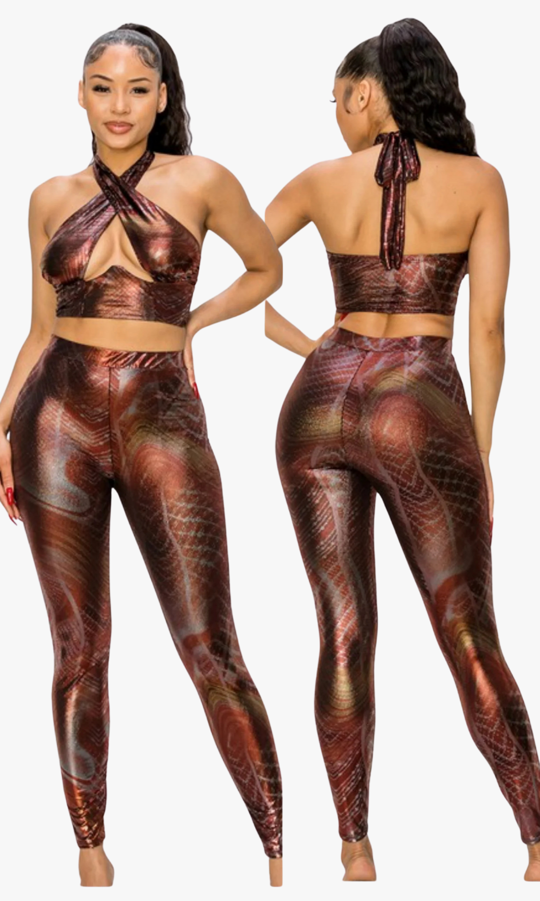 Front and back view of woman wearing Snake Girl 2-Piece Set with halter cross-front crop top and high-waist leggings in metallic snake print.