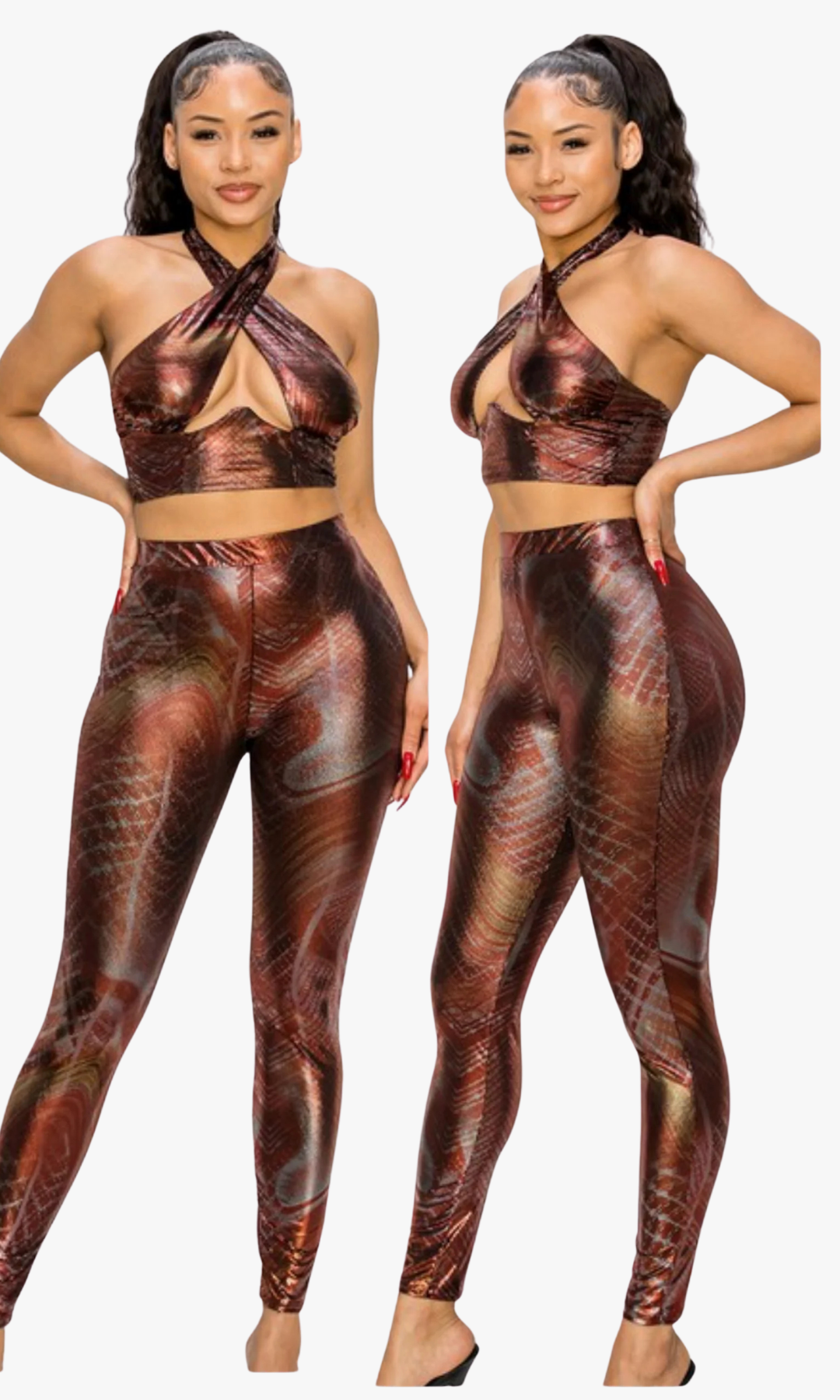 Side-by-side front and side view of woman in Snake Girl 2-Piece Set featuring keyhole cutout top and fitted leggings in bold snake-inspired pattern.