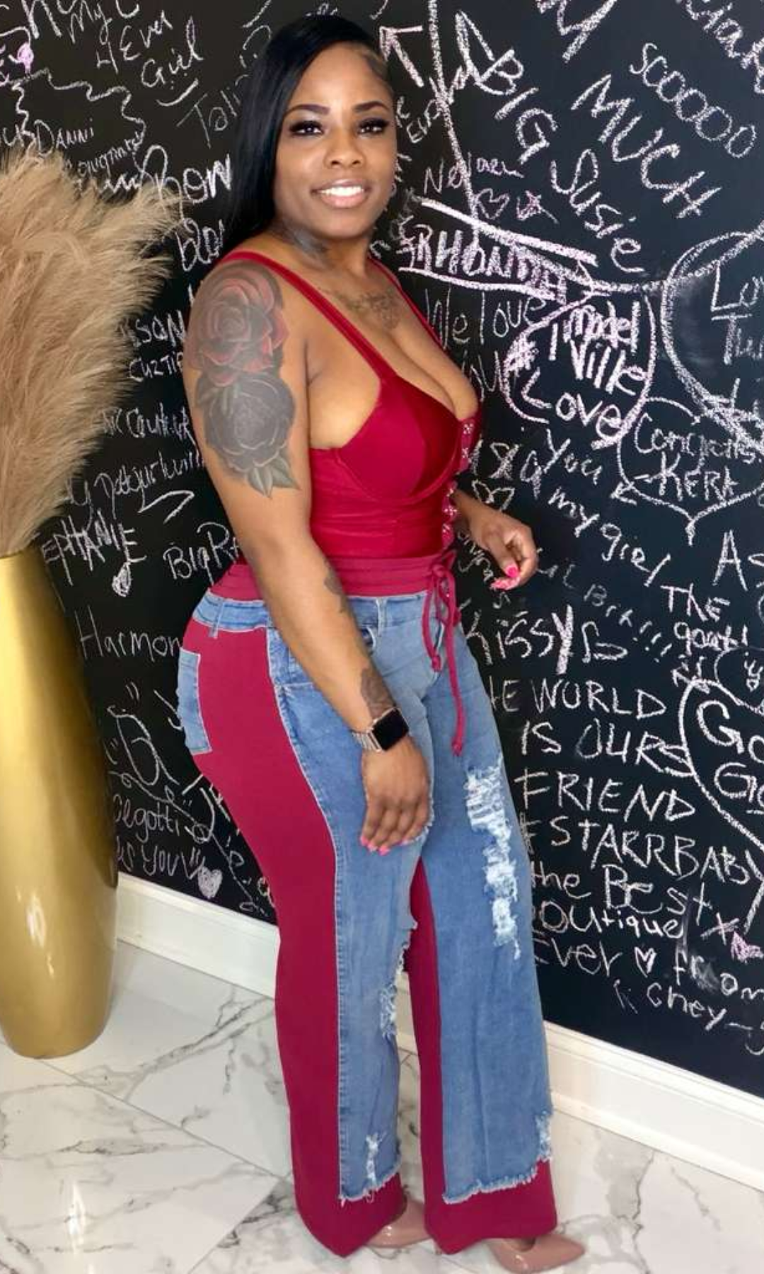 Street-style denim joggers styled for a bold, casual look