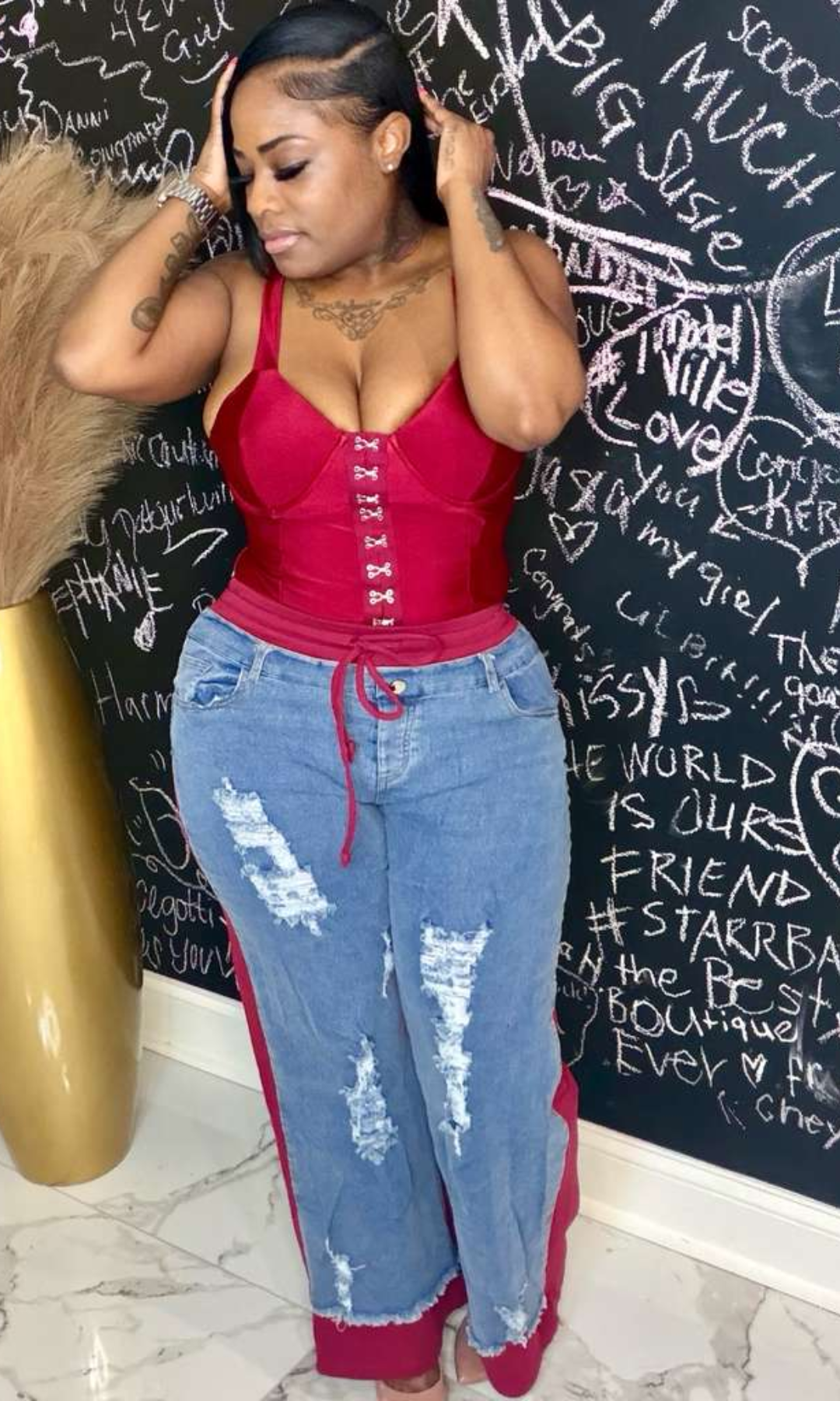 Front view of Street Luxe Denim Joggers with distressed detailing