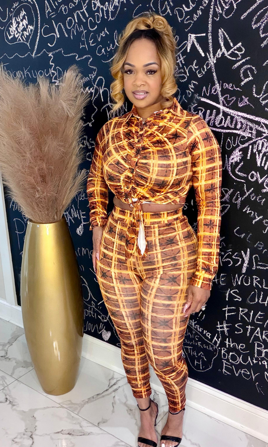 Sunrise Golden two-piece set with tie-front long sleeve top and matching leggings