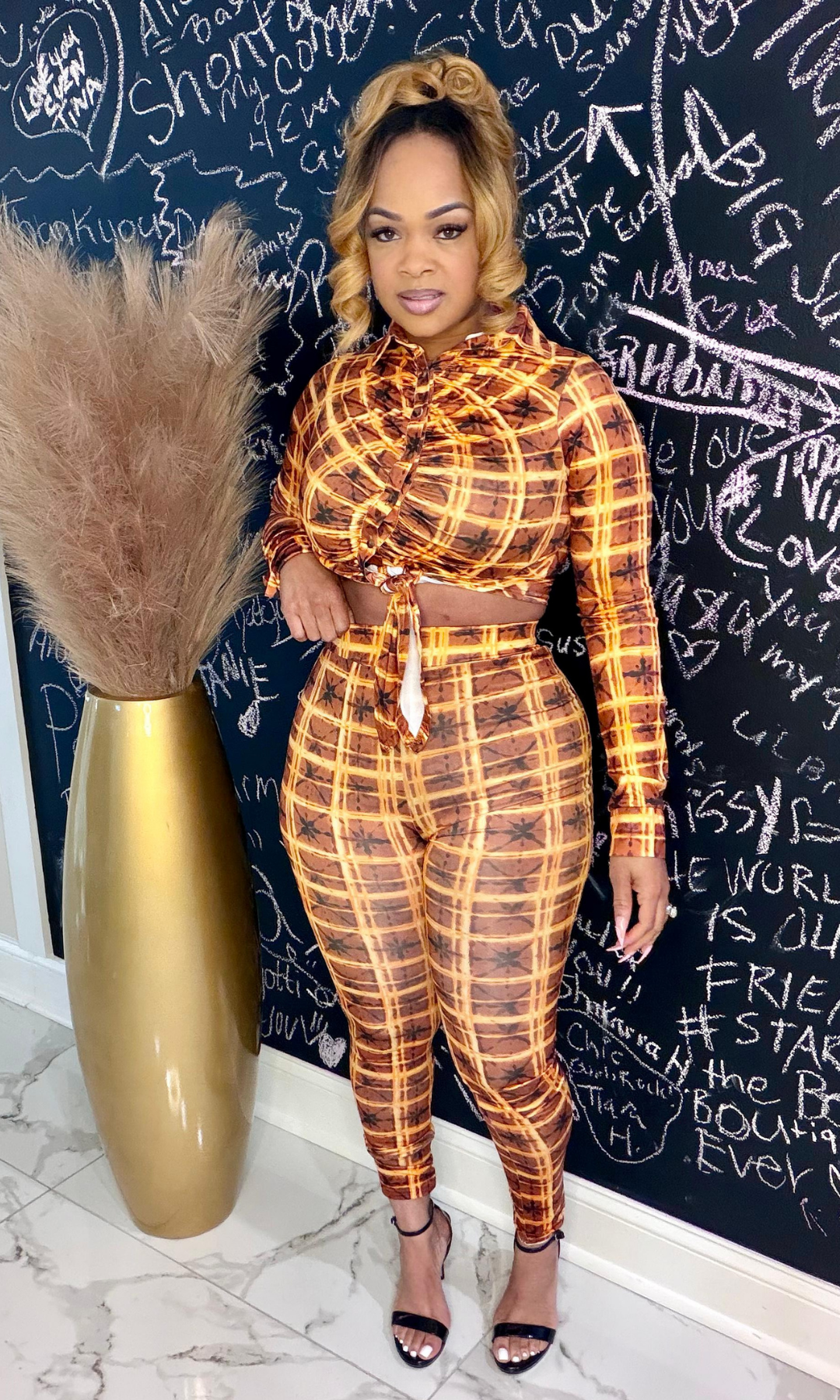 Model wearing Sunrise Golden set front view