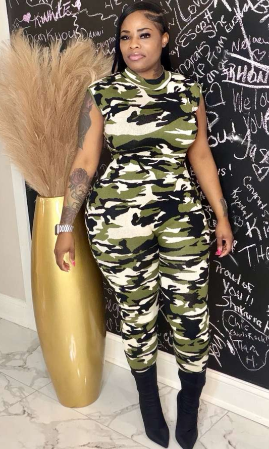 Front view of camo jumpsuit highlighting curve-hugging silhouette