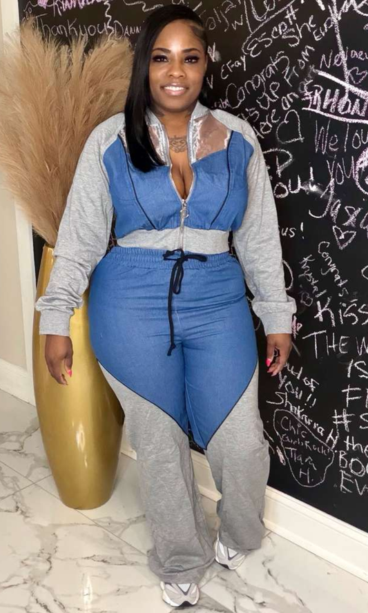 Model wearing The Denim Drift Jogger Set with zip-front cropped jacket and jogger pants