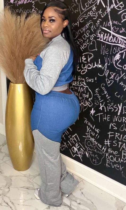 Side view of denim-look jogger set with contrast gray detailing