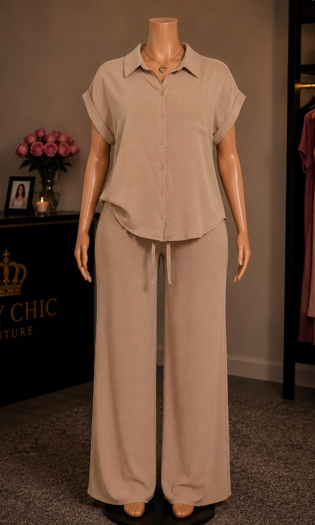 Women's mocha two-piece matching set featuring a button-up collared blouse with cuffed short sleeves and wide-leg drawstring pants.
