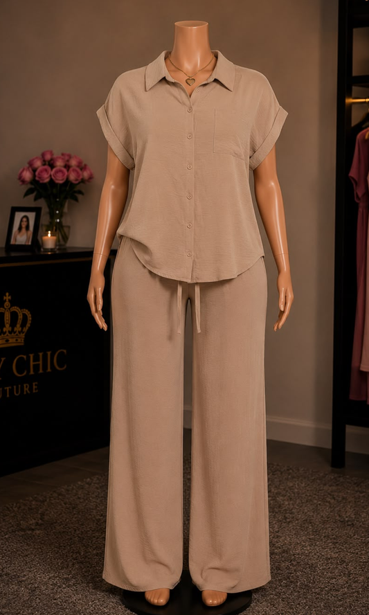 Women's mocha two-piece matching set featuring a button-up collared blouse with cuffed short sleeves and wide-leg drawstring pants.
