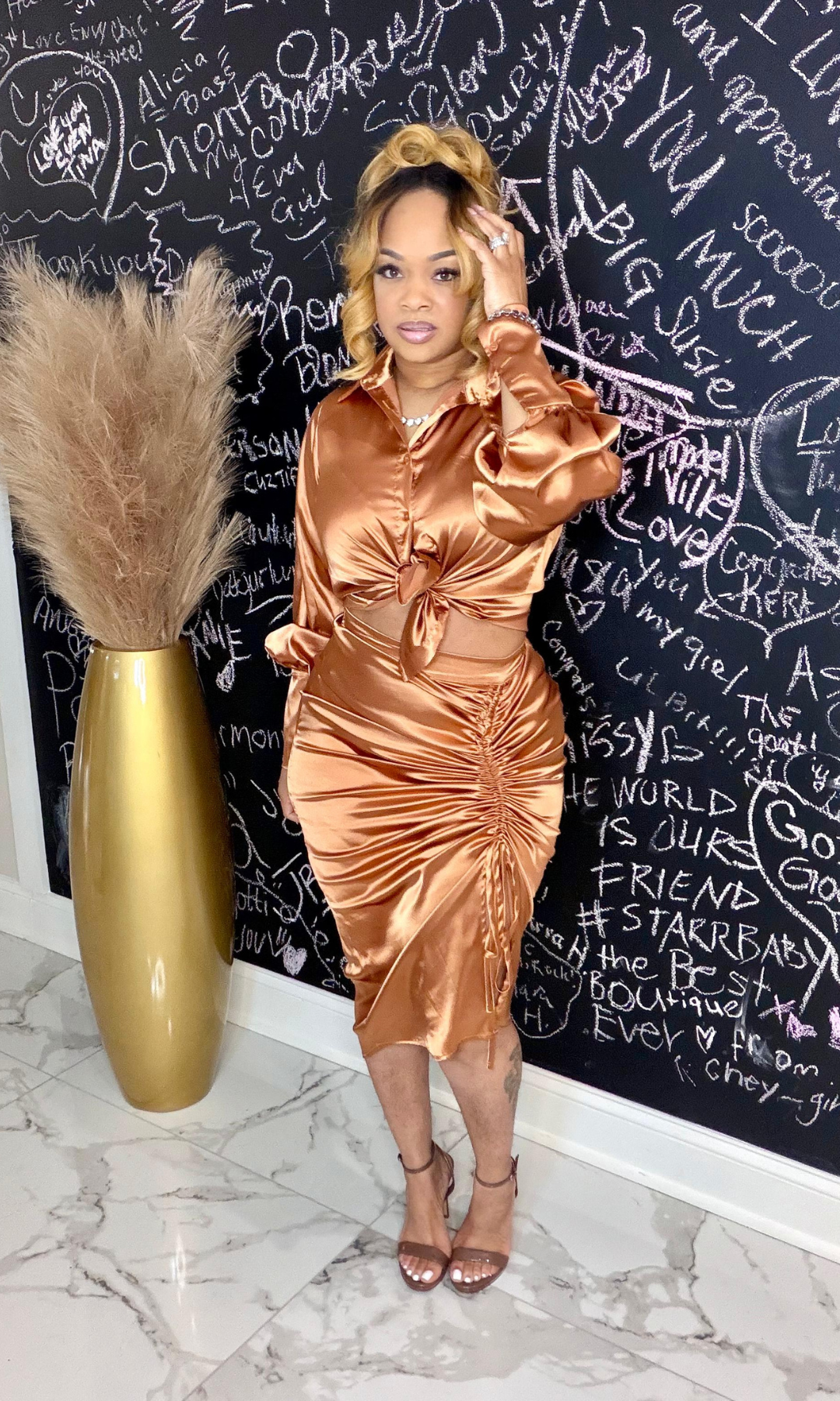 Threes a Crowd satin two-piece set with tie-front top and ruched midi skirt