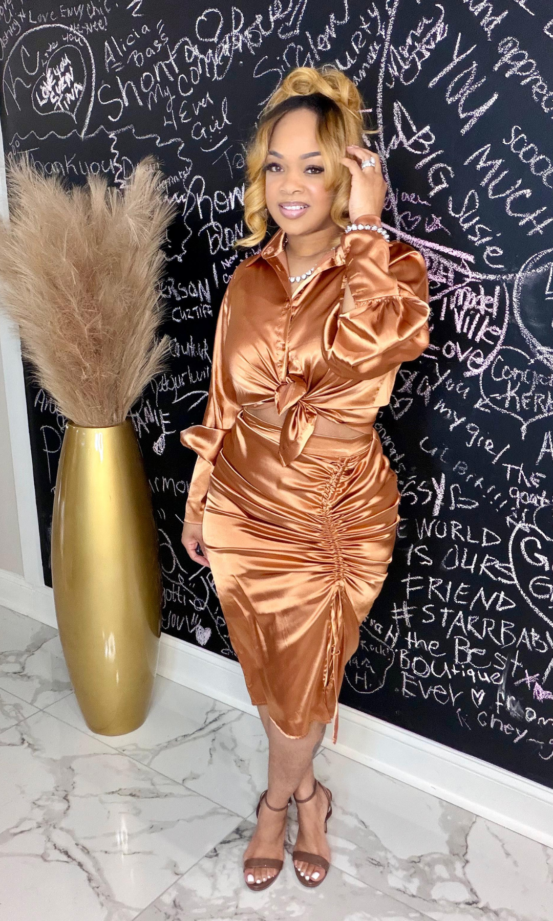 Front view of Threes a Crowd Set worn with heels