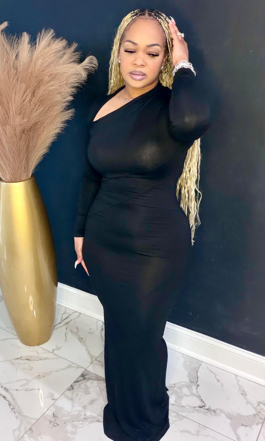 Top Tier black off shoulder maxi dress front view showing one shoulder design and fitted silhouette