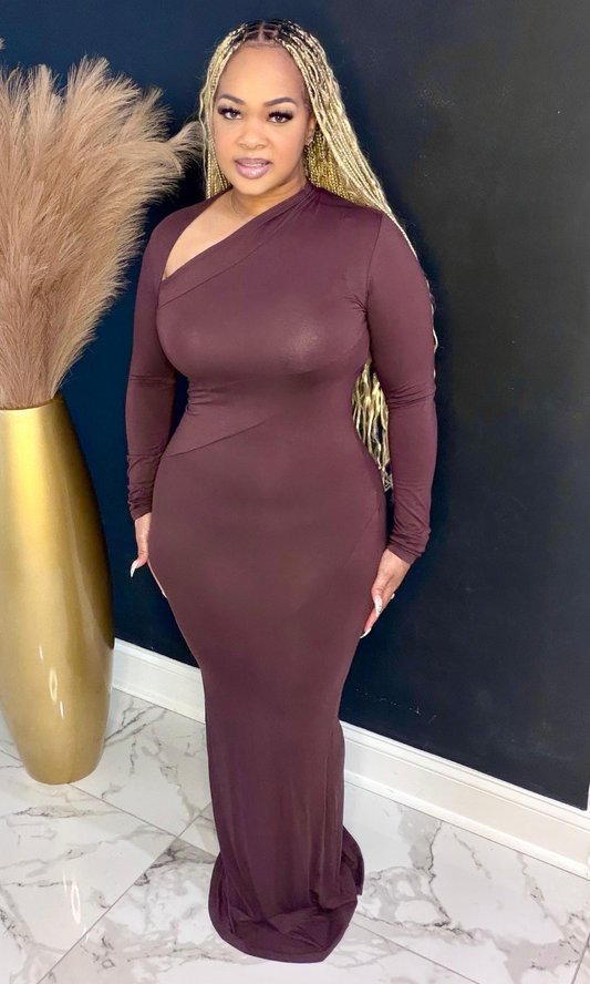 Top Tier brown off shoulder maxi dress front view showing one shoulder design and fitted silhouette