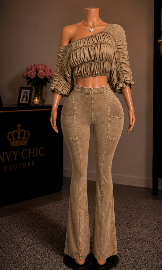 Women's cocoa mineral-wash two-piece set featuring a one-shoulder ruched crop top with long sleeves and high-waisted flare pants with pockets.