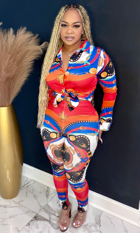 Urban Style vibrant printed two piece set full front pose showing fitted leggings and statement print