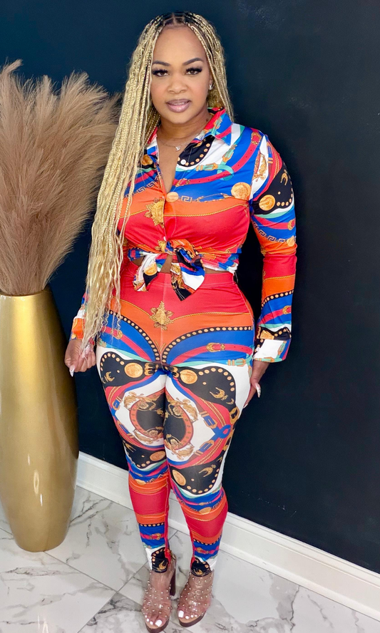 Urban Style two piece set front view featuring long sleeve button top tied at the waist