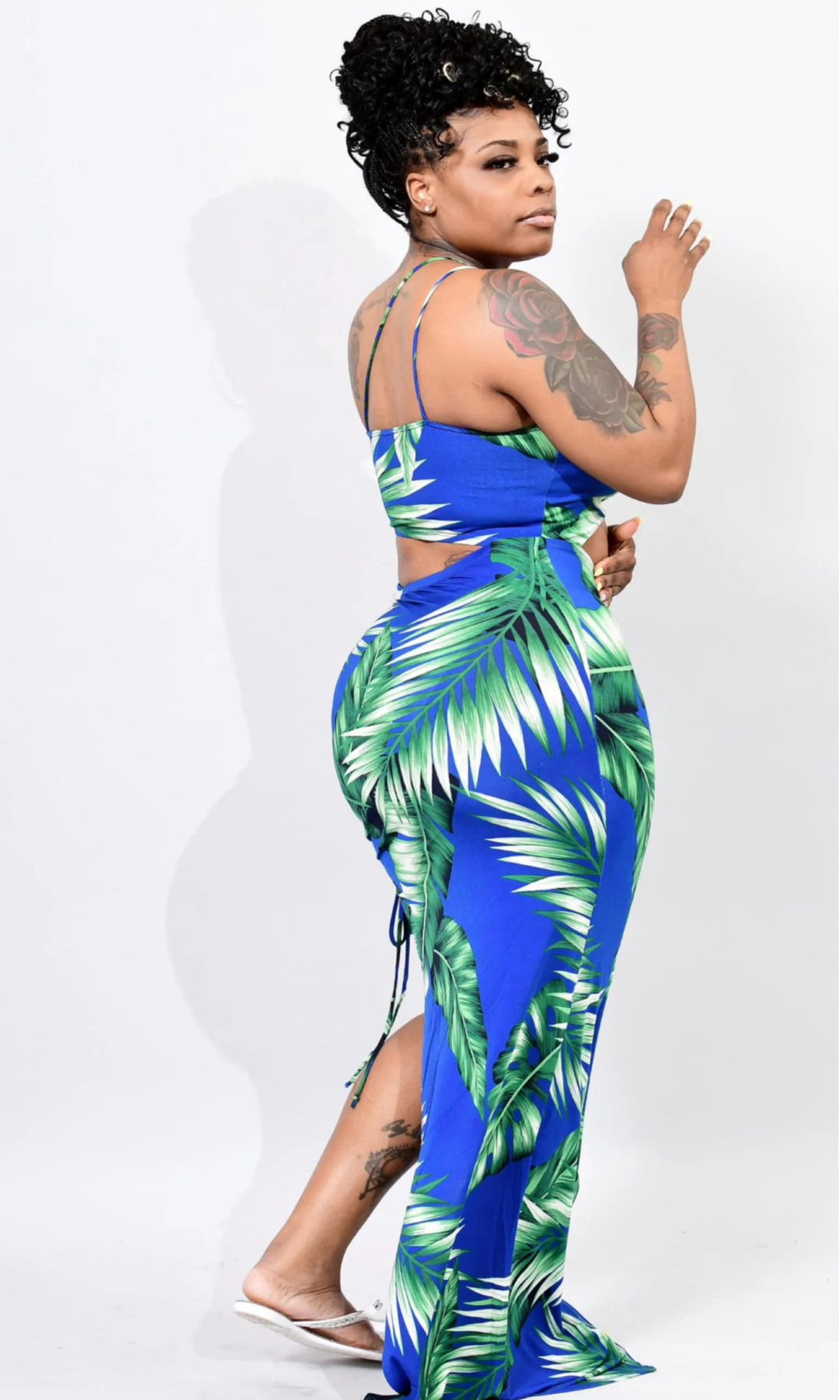 Vacation Nights Maxi Dress Side Angle – Side view of tropical two-piece maxi dress with high slit and adjustable spaghetti straps.

