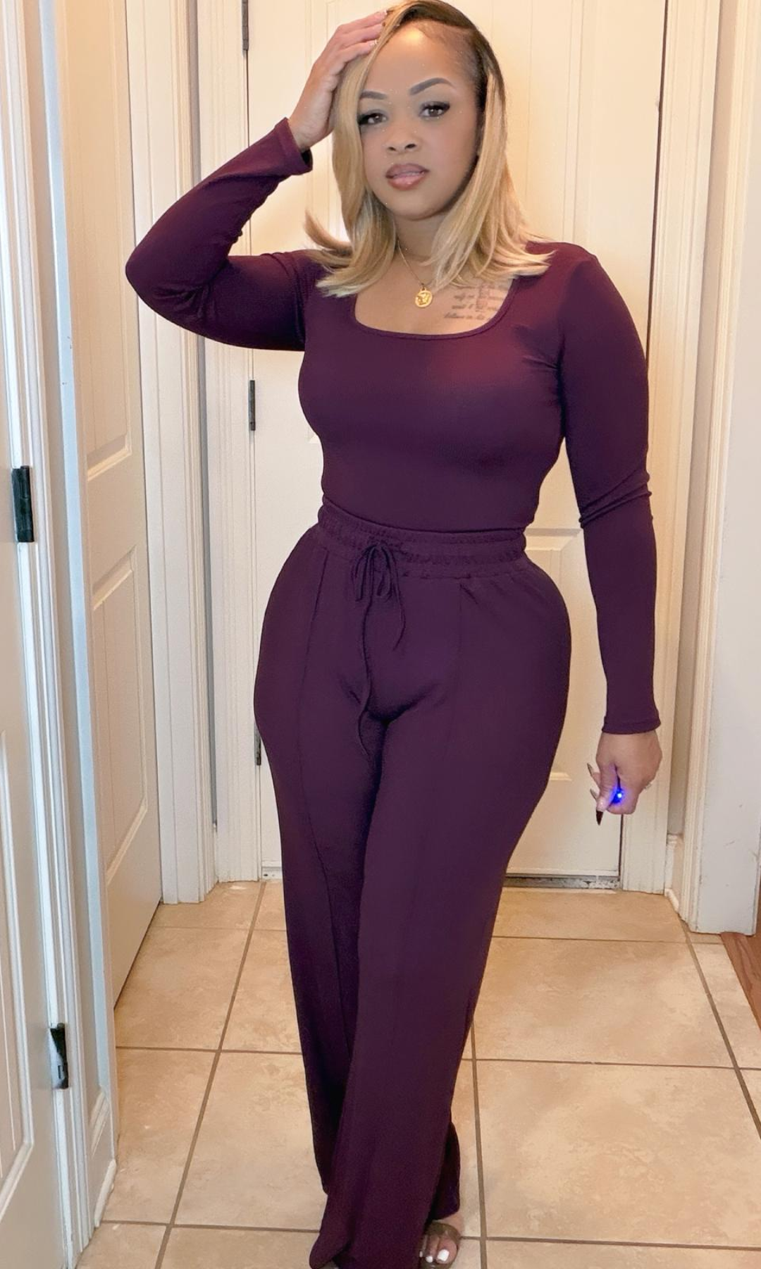 Vixen 2-Piece set front view with long sleeve top and high waist pants