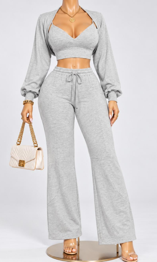 Don't Sweat Me gray three-piece set featuring a cropped sweetheart-neckline top, long-sleeve shrug, and matching high-waisted drawstring flare pants.