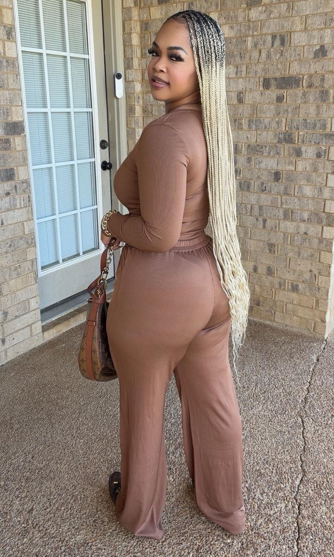 Side and back view of the Honey Graham Bodysuit Set, highlighting the fitted ribbed bodysuit, elastic waistband, and relaxed full-length wide-leg pants.